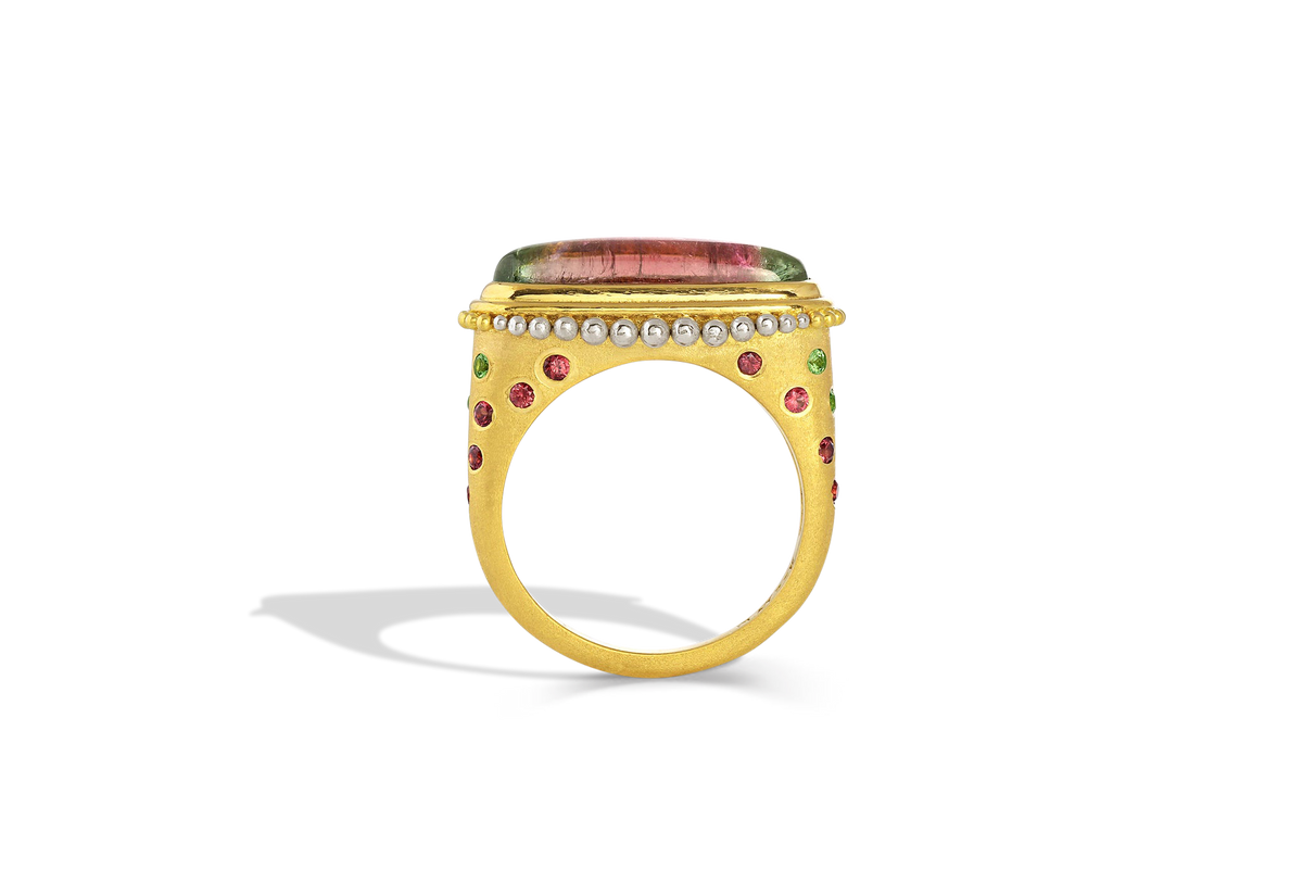 Side view of watermelon lozenge ring.