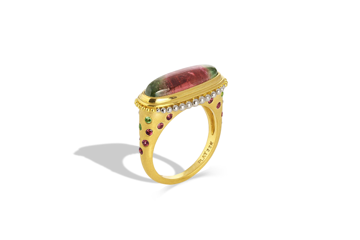 Front angle view of watermelon lozenge ring.