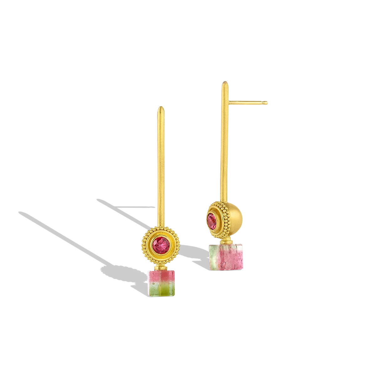 Golden spheres edged with a ruff of granulation and set with sparkling hot pink spinel beautifully compliment the bright watermelon cubes. Summer for your ears! Long, elegant brushed golden sticks allow the spheres and cubes to swing gently from the ear, with a "barely there" feeling. Length approximately 44.4mm W 9mm (L 1.7in W .35in). Pair it with our Watermelon Lozenge ring.

Made with recycled 22k yellow gold, Burmese spinel (.55ctw) and watermelon tourmaline (6.3ctw).

One-of-a-kind.