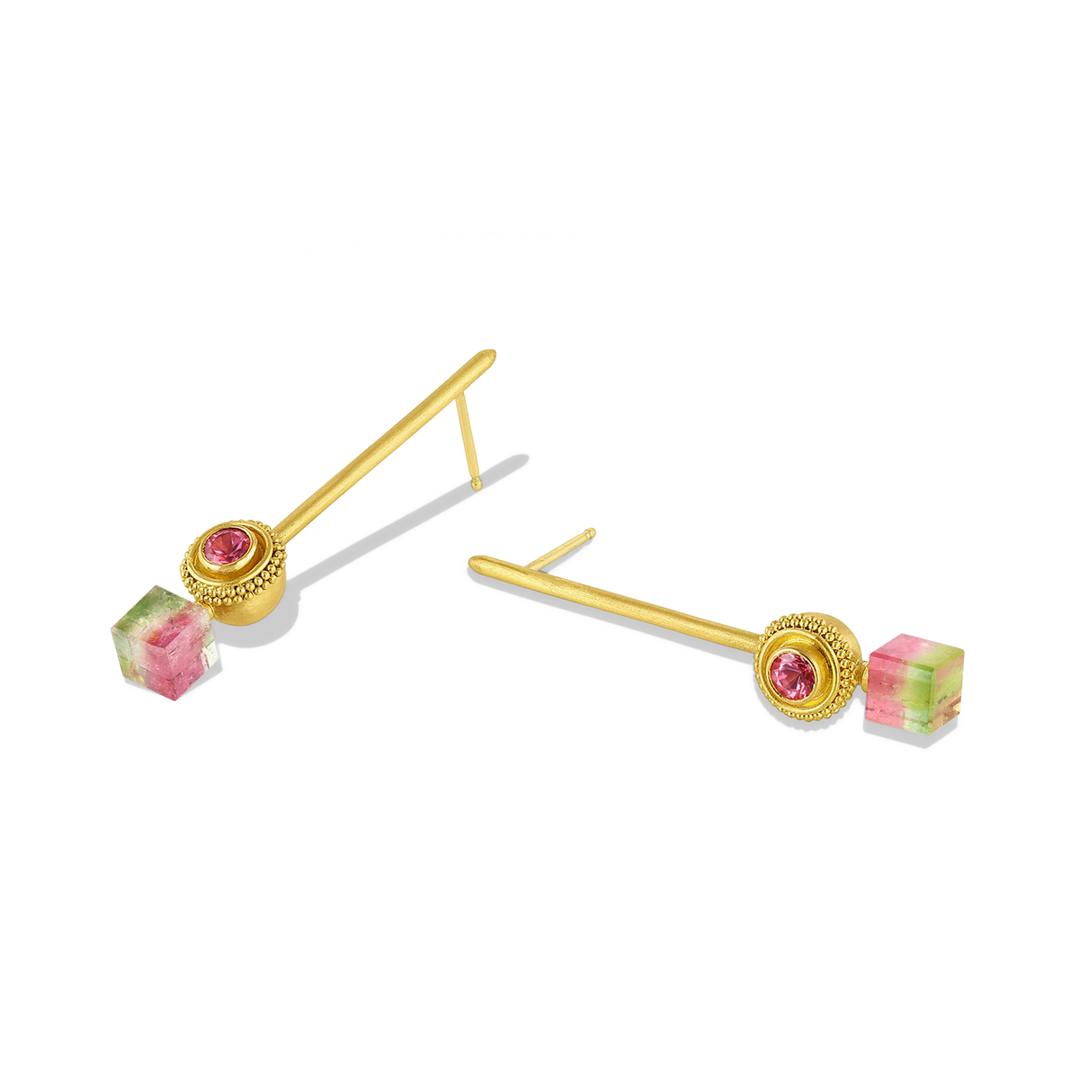 Alternate view of our Watermelon Etruscan Ruff earrings.