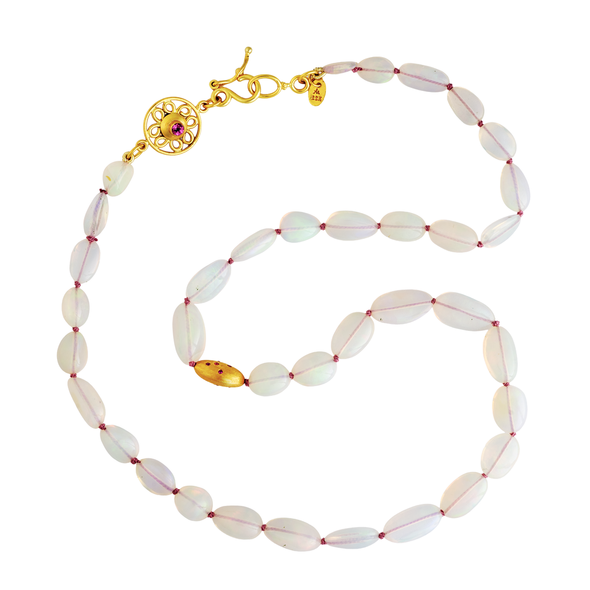 Famed for their translucency and play of color, these Welo opal beads show flashes red, orange, yellow, pink, green and blue. A single brushed gold bead sprinkled with sapphires, rubies and spi foil for the opals. An intricate Byzantine style filigree decorative rondelle, gem set on each side, completes the necklace. Length 19 inches. Made from recycled 22k gold, natural Welo opal (67.25ctw), emerald (.06ctw), pink spinel (.14ctw), sapphires (.02ctw), ruby (.04ctw). Knotted on silk. One-of-a-kind.