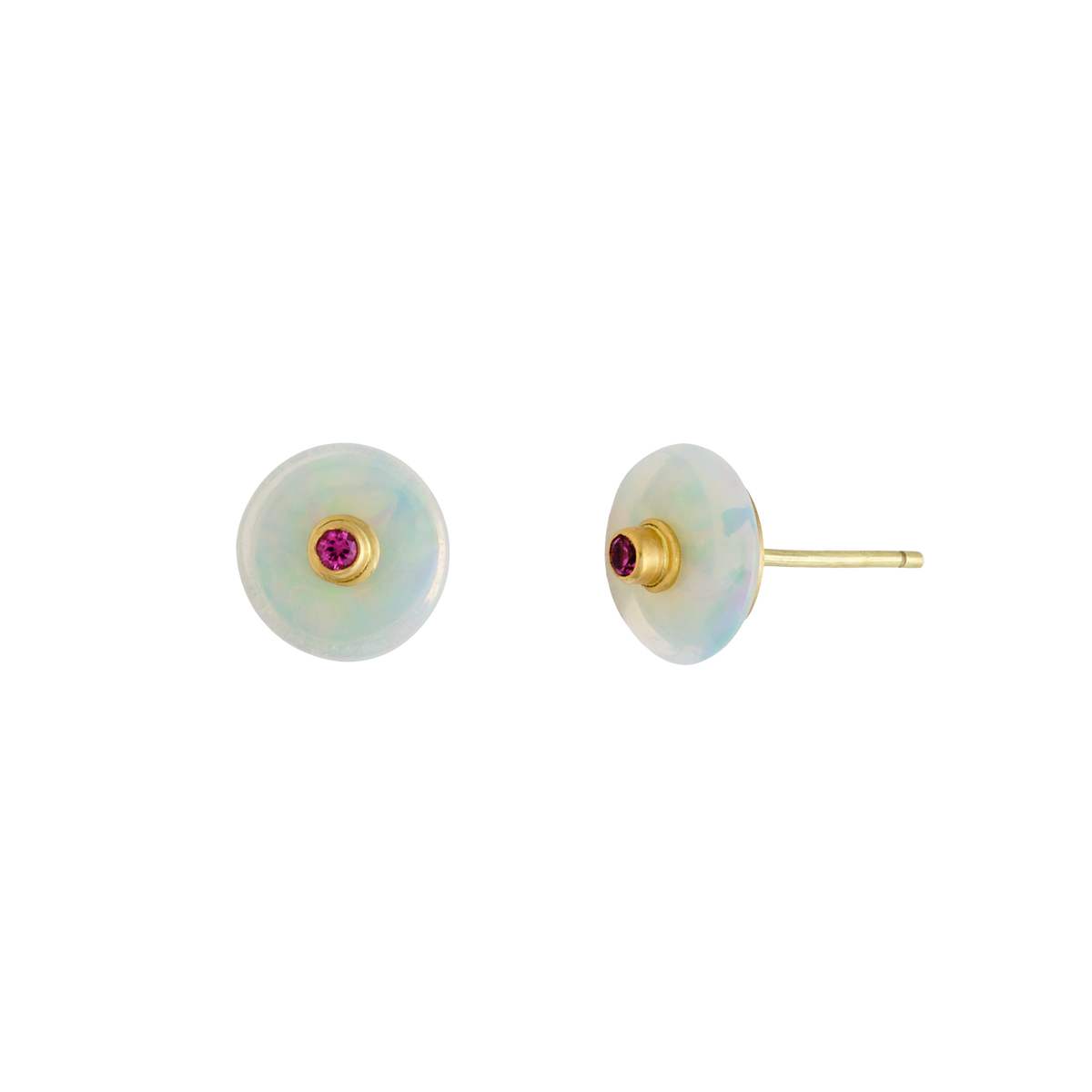 These beautiful opals from Ethiopia's Wollo province are almost translucent, with vivid flashes of red, orange, yellow, green and blue, with a gold framed deep pinkish red spinel, making them perfect for elevated day or dainty occasion wear. A rondelle style Welo opal charm set with an ultramarine-blue haüyne is also available. 
Length and width approximately 10 1/4mm (.4in). Made from recycled 18k gold, Ethiopian Welo opals (ctw) and Burmese Spinel (.08ctw). 
Handmade to order. 