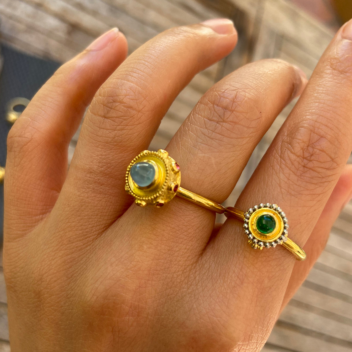 Aquamarine Orb ring on model.