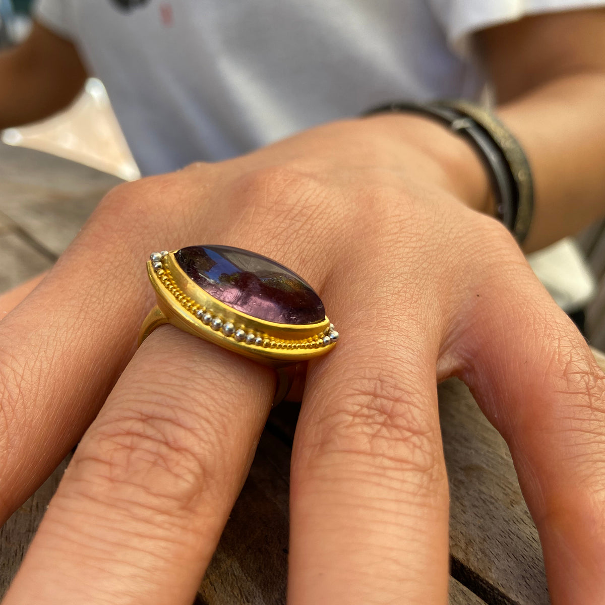 On model view of the Purple Nerrena Ring.