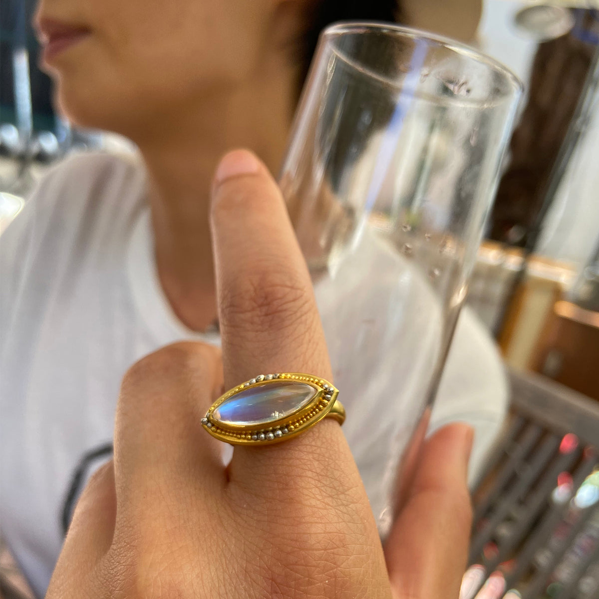 Moonstone Nerrena ring on model.