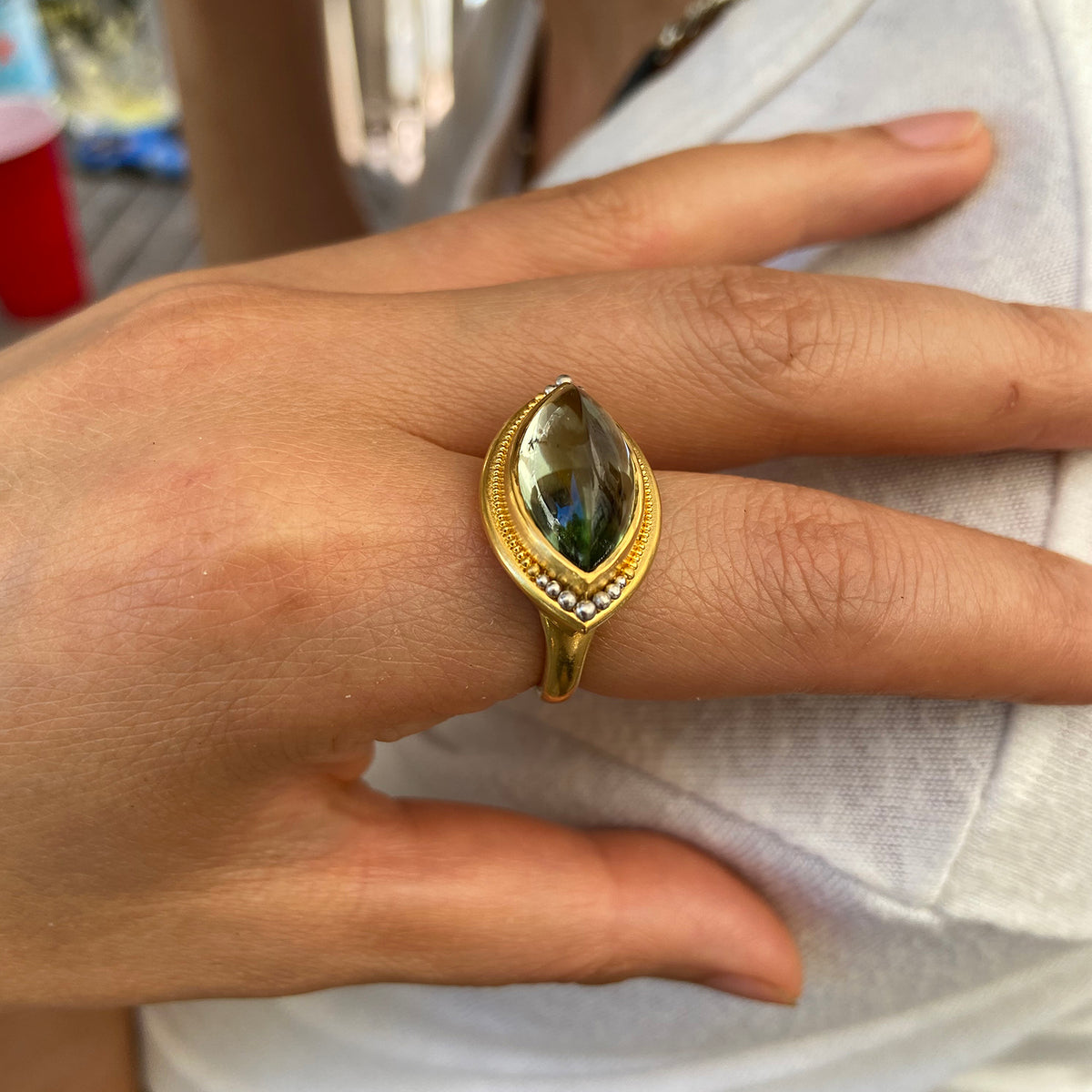 View of the bi-color Nerrena ring on model.